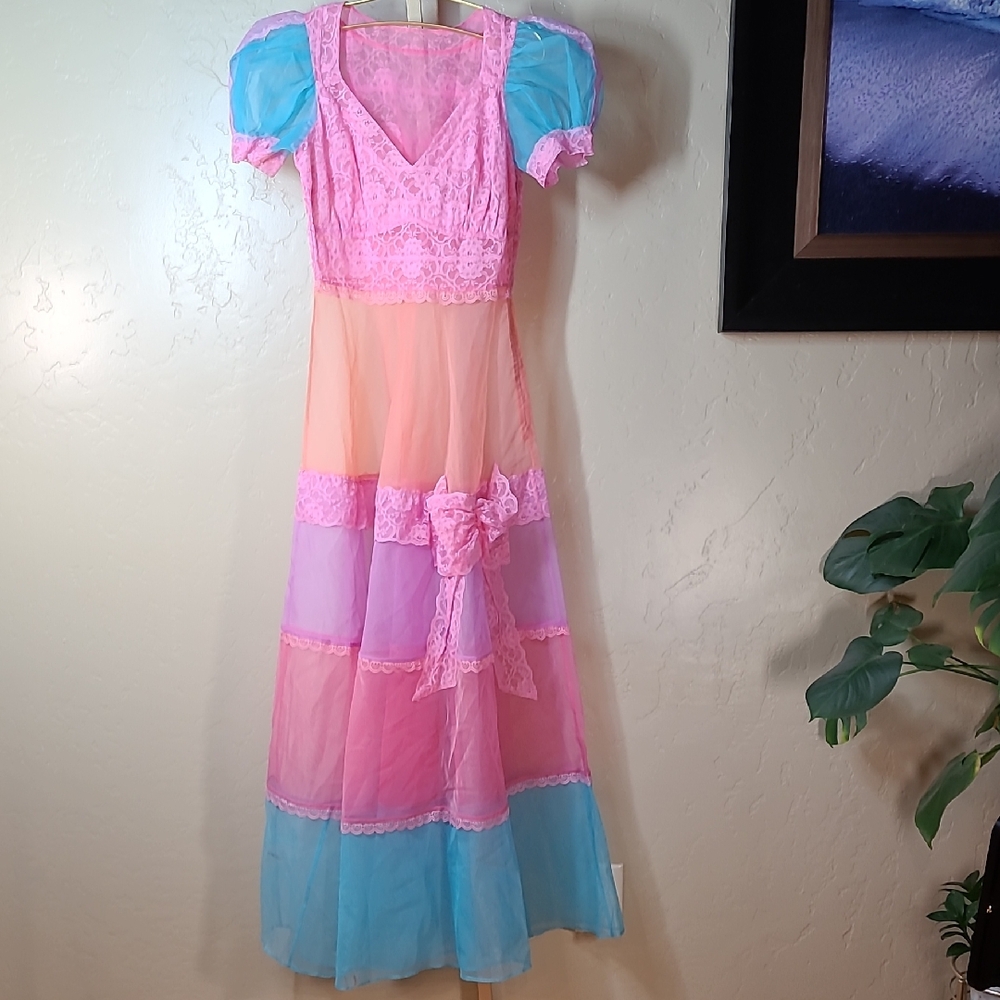 Sheer Fairycore Lace Patchwork Maxi Dress Pink Blue | Side Zip | Small Bow
